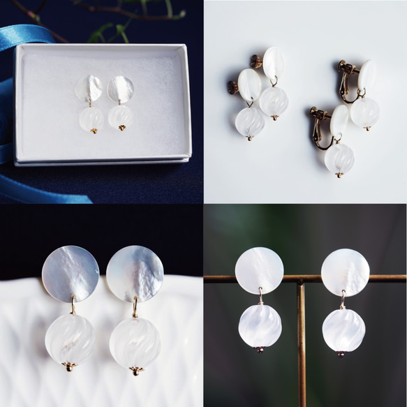 14KGF pierced earring with White Shell/Crystal Quartzs. 第4張的照片