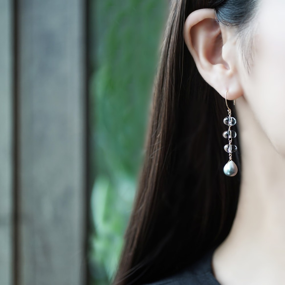 OUTLET☆14KGF pierced earring with pearl and quartz. 第3張的照片