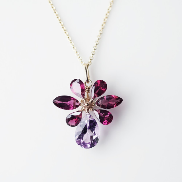 14KGF 45cm Necklace with Amethyst and Rhodolite garnet 第2張的照片