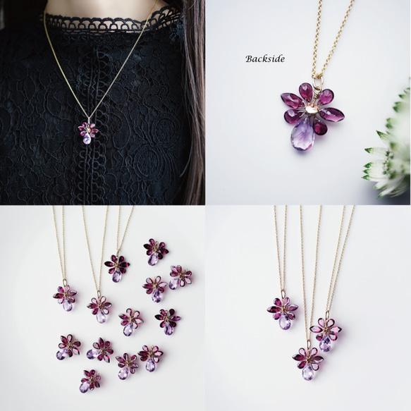 14KGF 45cm Necklace with Amethyst and Rhodolite garnet 第4張的照片