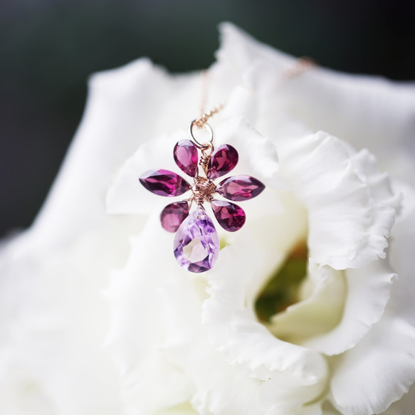 14KGF 45cm Necklace with Amethyst and Rhodolite garnet 第6張的照片