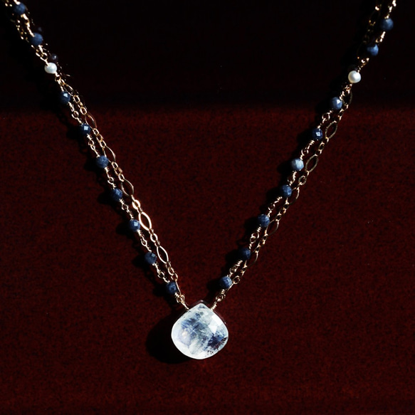 14KGF 60cm Rainbow moonstone and Sapphire necklace 第6張的照片