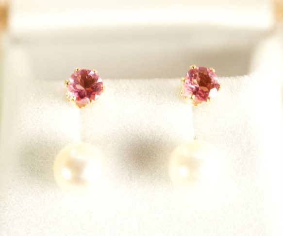 2種搭配★粉紅碧璽和珍珠的耳針 第1張的照片