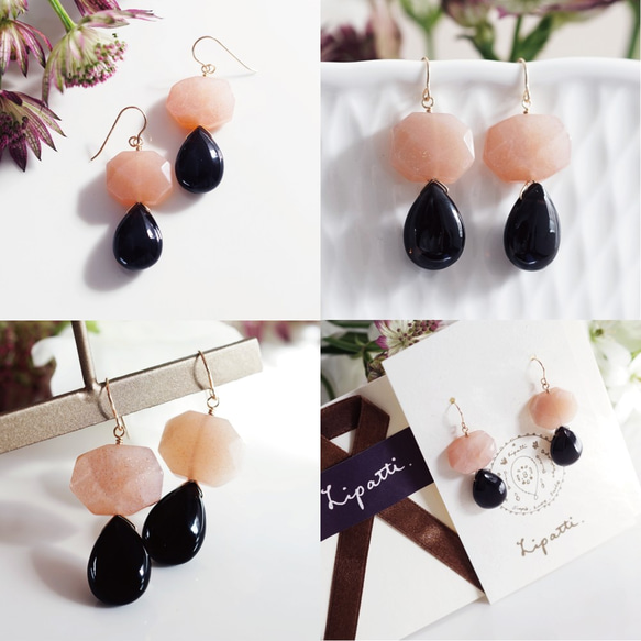 14KGF Pierced earring with orange moonstone and quartz 第4張的照片