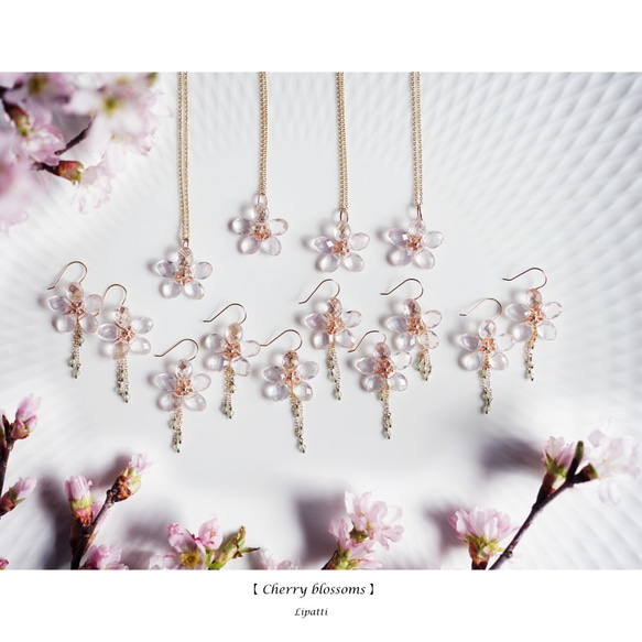 ☆K10/K18ローズクォーツの花びらによる桜のピアス　～Cherry blossom 5枚目の画像