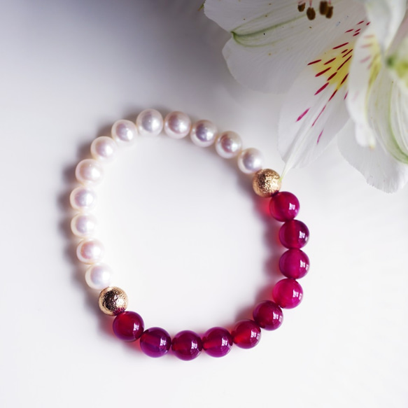 Fresh water pearl and fuchsia pink chalcedony 第2張的照片