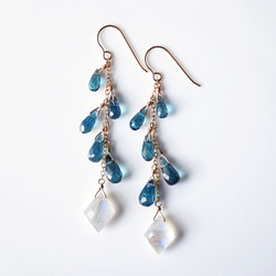 14KGF Pierced earring with Rainbow moonstone and Kyanite 第1張的照片