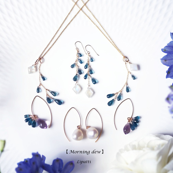 14KGF Pierced earring with Rainbow moonstone and Kyanite 第5張的照片