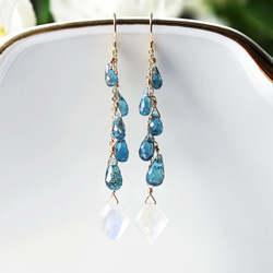 14KGF Pierced earring with Rainbow moonstone and Kyanite 第6張的照片