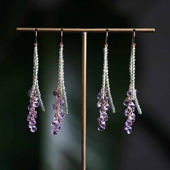 14KGF pierced earring with Amethyst and Green Apatite 第7張的照片