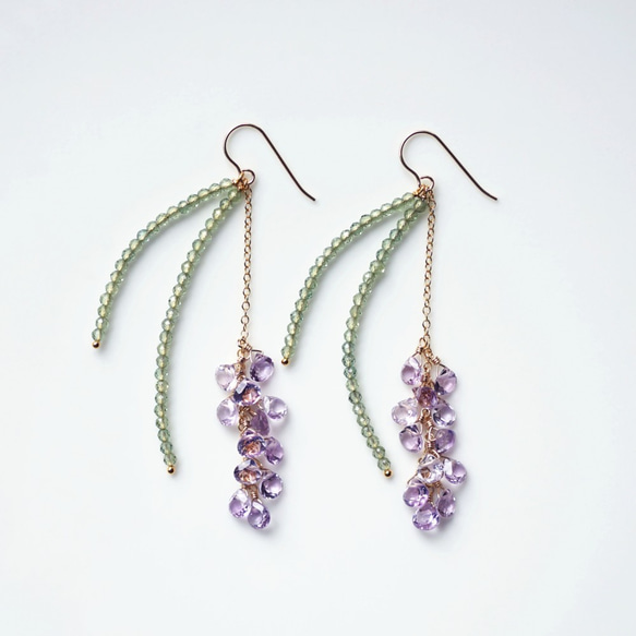 14KGF pierced earring with Amethyst and Green Apatite 第9張的照片