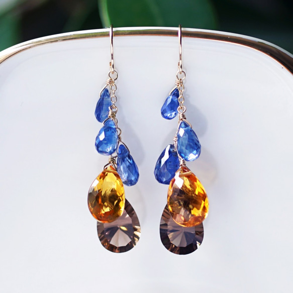 14KGF Pierced earring with Kyanite/SmokeyQuartz/Citrine 第8張的照片