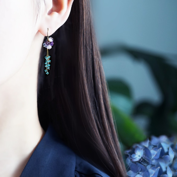 Titanium Pierced earring with Amethyst/RoseQuartz/Apatite 第3張的照片