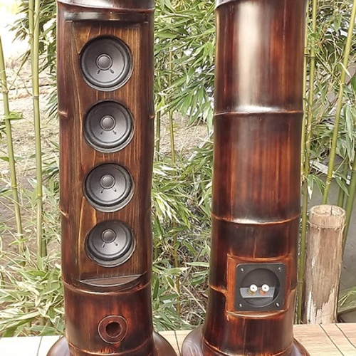 竹製、トールボーイ型4連のハンドメイドスピーカー、希少 音楽CD