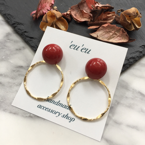 ボルドー×デザインリング ピアス/イヤリング ピアス（フープ 