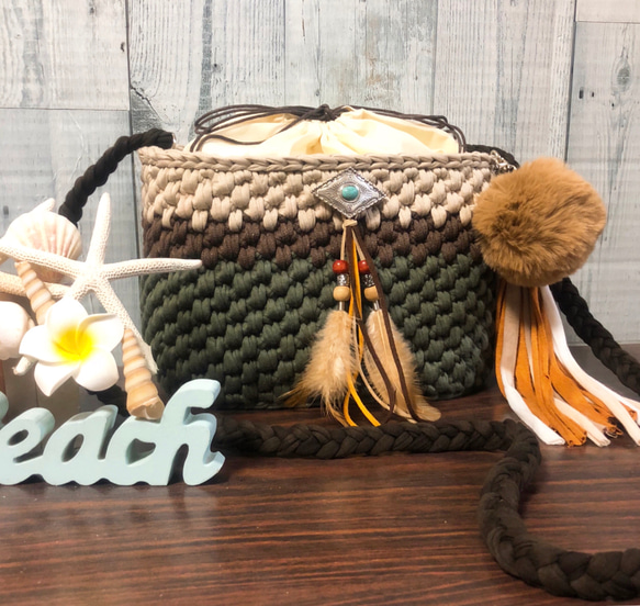 3way♪ アースカラー×フェザー 巾着袋付き フックドゥ ズパゲッティ 