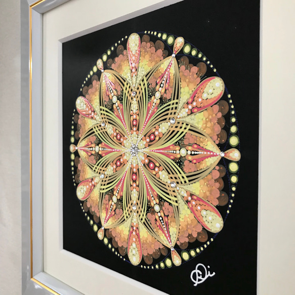 曼荼羅アート＂光の花＂手描き原画・織葉曼荼羅　習作・スワロフスキーラインストーン付き 2枚目の画像
