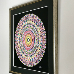 曼荼羅アート＂Happiness＂手描き原画40cm角・ラインストーン付 3枚目の画像