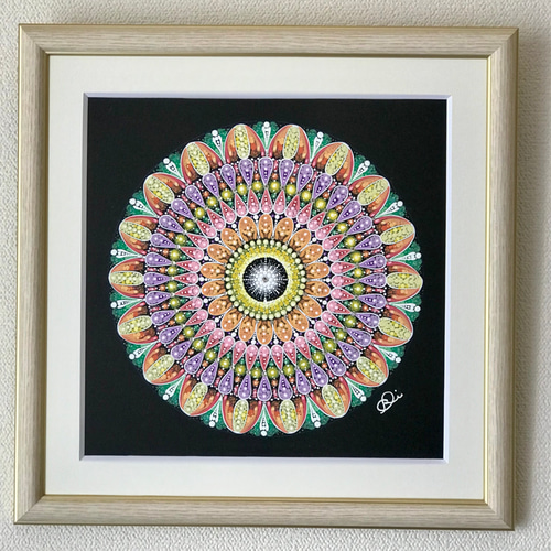 お値引きしました！曼荼羅 特大 手描き 曼荼羅アート手描き原画＂笑顔の輪＂ラインストーン付 絵画