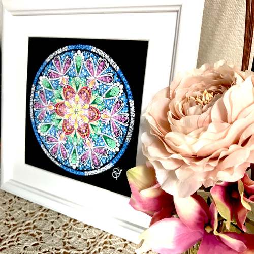 曼荼羅アート＂夢の花＂ 手描き原画・スワロフスキーラインストーン付