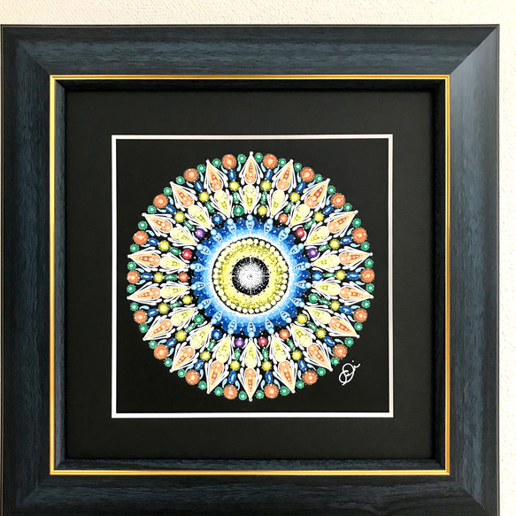 曼荼羅アート＂心の窓"手描き原画、スワロフスキーラインストーン付き 1枚目の画像
