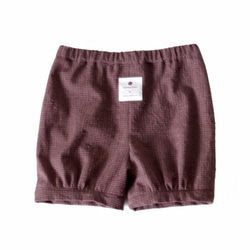 女の子えび茶色チェック柄の膝丈パンツ - 日本の綿印刷物 - 手作り限定版の子供服 2枚目の画像