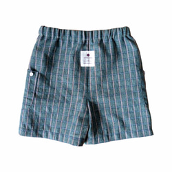 ボーイグリーンチェック柄の膝丈パンツ - 日本の綿印刷物 - 手作り限定版の子供服 2枚目の画像