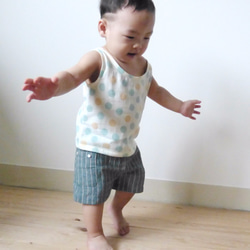 ボーイグリーンチェック柄の膝丈パンツ - 日本の綿印刷物 - 手作り限定版の子供服 4枚目の画像