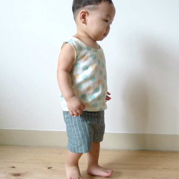 ボーイグリーンチェック柄の膝丈パンツ - 日本の綿印刷物 - 手作り限定版の子供服 5枚目の画像