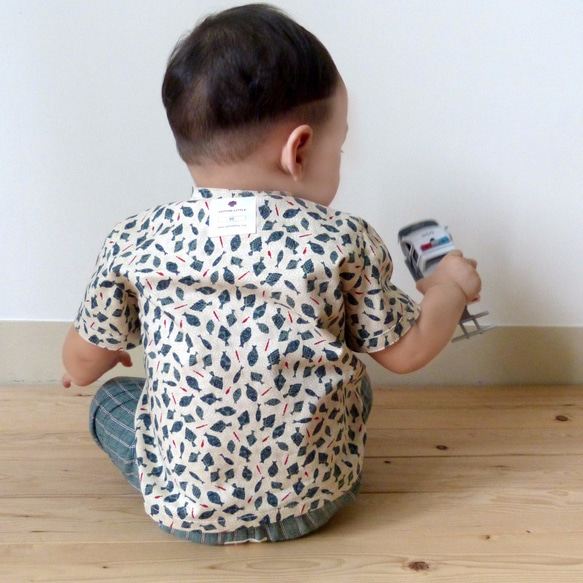 小男生紅綠小魚印花立領衫短袖 - 日本純棉印花布料 - 手工限量製作童裝 第5張的照片