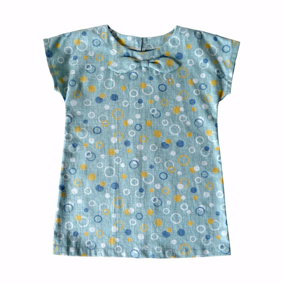 小女生湖水藍圓圈印花連肩袖連身裙 - 日本純棉印花布料 - 手工限量製作童裝 第1張的照片
