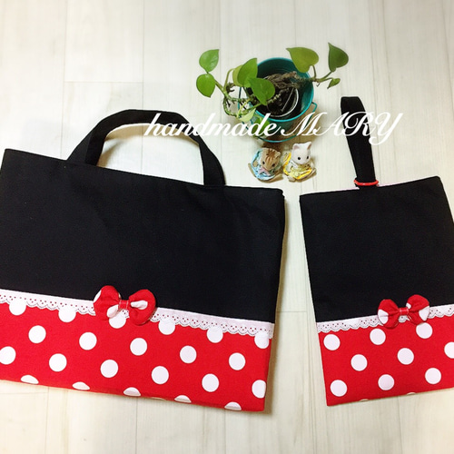 水玉フリル×赤×黒レッスンバッグ入園入学6点セット