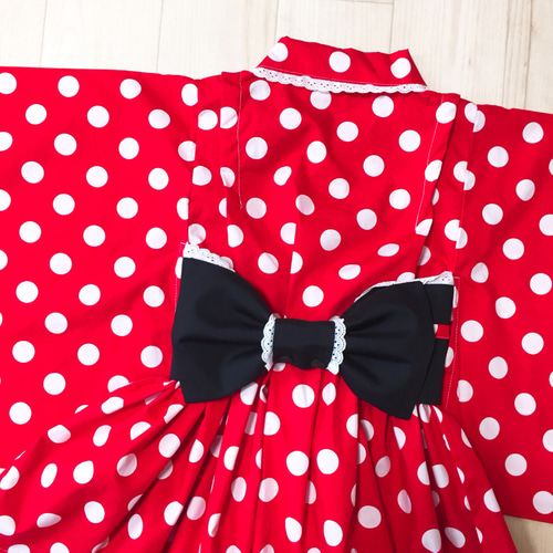 通常出品♡130cm♡チェリー♡浴衣ドレス♡ハンドメイド 赤白ドットのラブリーなドレス浴衣 80〜130cm 浴衣単品4500円