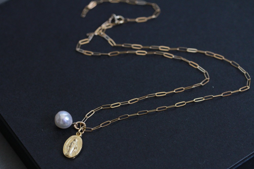 マルチウェイ オーバルチェーンネックレス 　バロックパール　不思議のメダイ　14kgf  6月誕生石