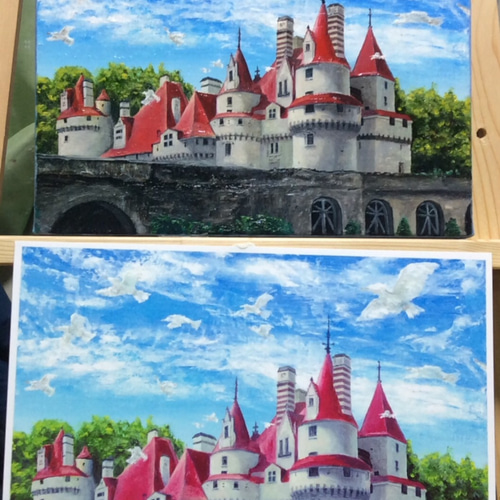 油彩複製画A4『赤い屋根のお城(副題:ファンファーレ)』 絵画 Knight