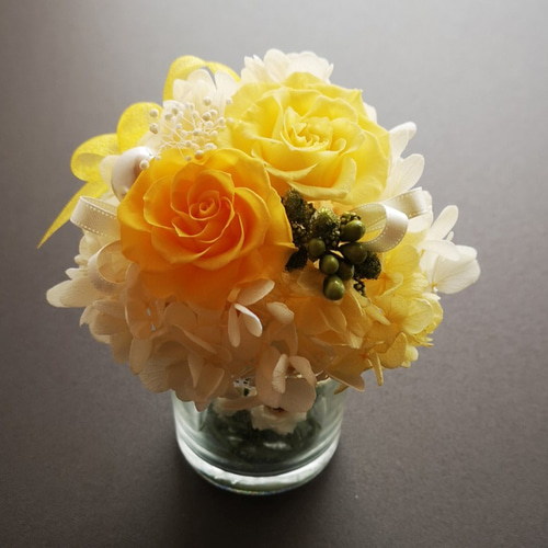 プリザーブドフラワーアレンジ　黄色 プリザーブドフラワーミニ グラスアレンジ イエロー ブリザード