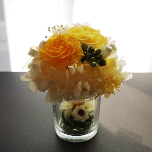 プリザーブドフラワーミニ グラスアレンジ イエロー ブリザード