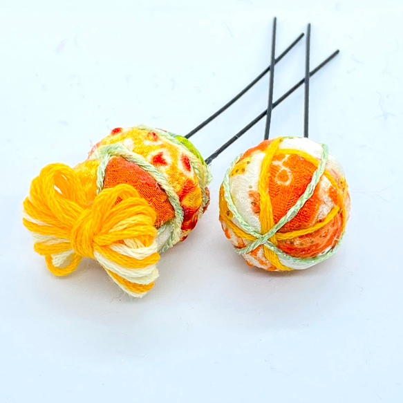 ちりめん和玉の手毬髪飾りセットオレンジ（送料無料） 3枚目の画像