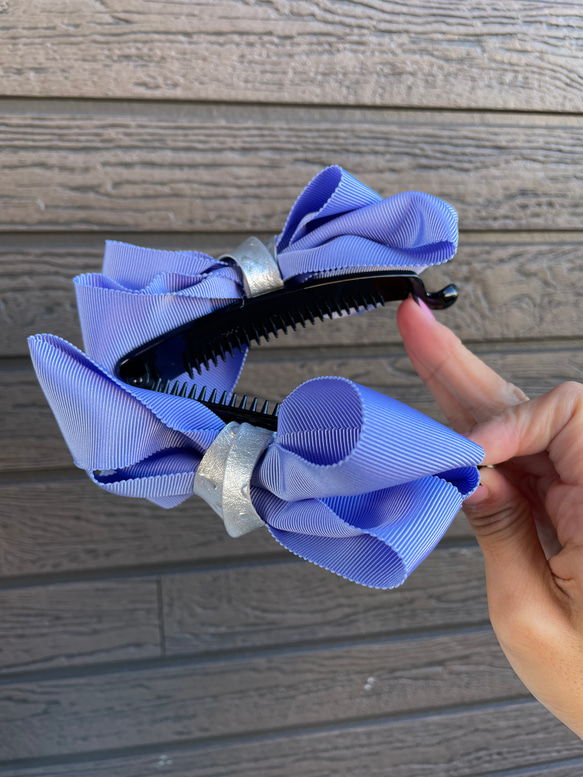 【No.001 simple ribbon】ライトブルー&箔押しシルバーレザー 4枚目の画像