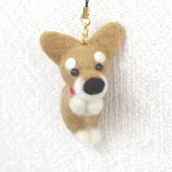羊毛フェルト【犬】 赤いリボン柴犬携帯ストラップ 1枚目の画像
