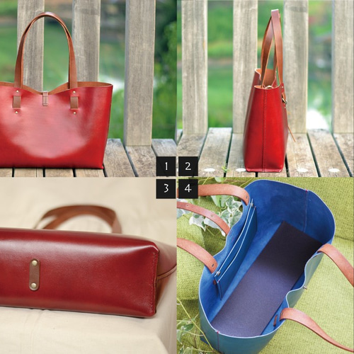 手縫い牛ヌメ革トートバッグA4横 ワインレッド（キーホルダー付き