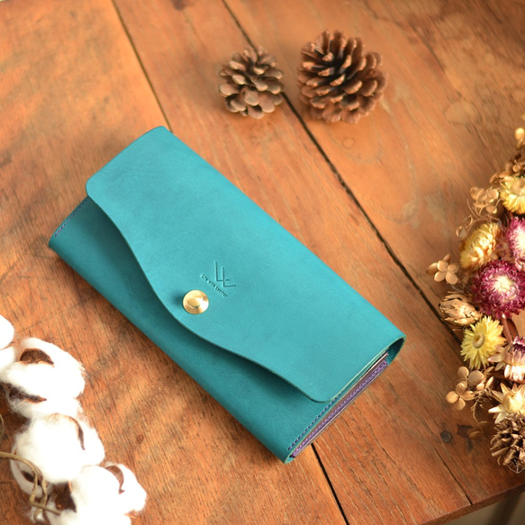 【訂製款】《挑選您的裝飾和縫線顏色！ 》復刻版★大容量！長版皮夾 Type 201（天藍色） 第1張的照片