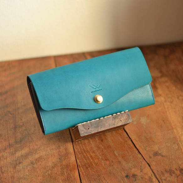 【訂製款】《挑選您的裝飾和縫線顏色！ 》復刻版★大容量！長版皮夾 Type 201（天藍色） 第2張的照片