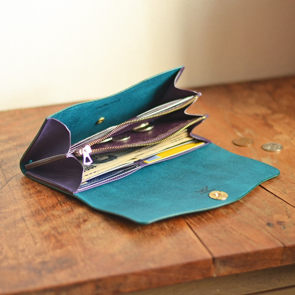 【訂製款】《挑選您的裝飾和縫線顏色！ 》復刻版★大容量！長版皮夾 Type 201（天藍色） 第4張的照片