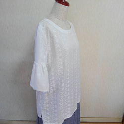 コットン　ブラウス　ギャザー袖　綿レース　白　Lサイズ 2枚目の画像