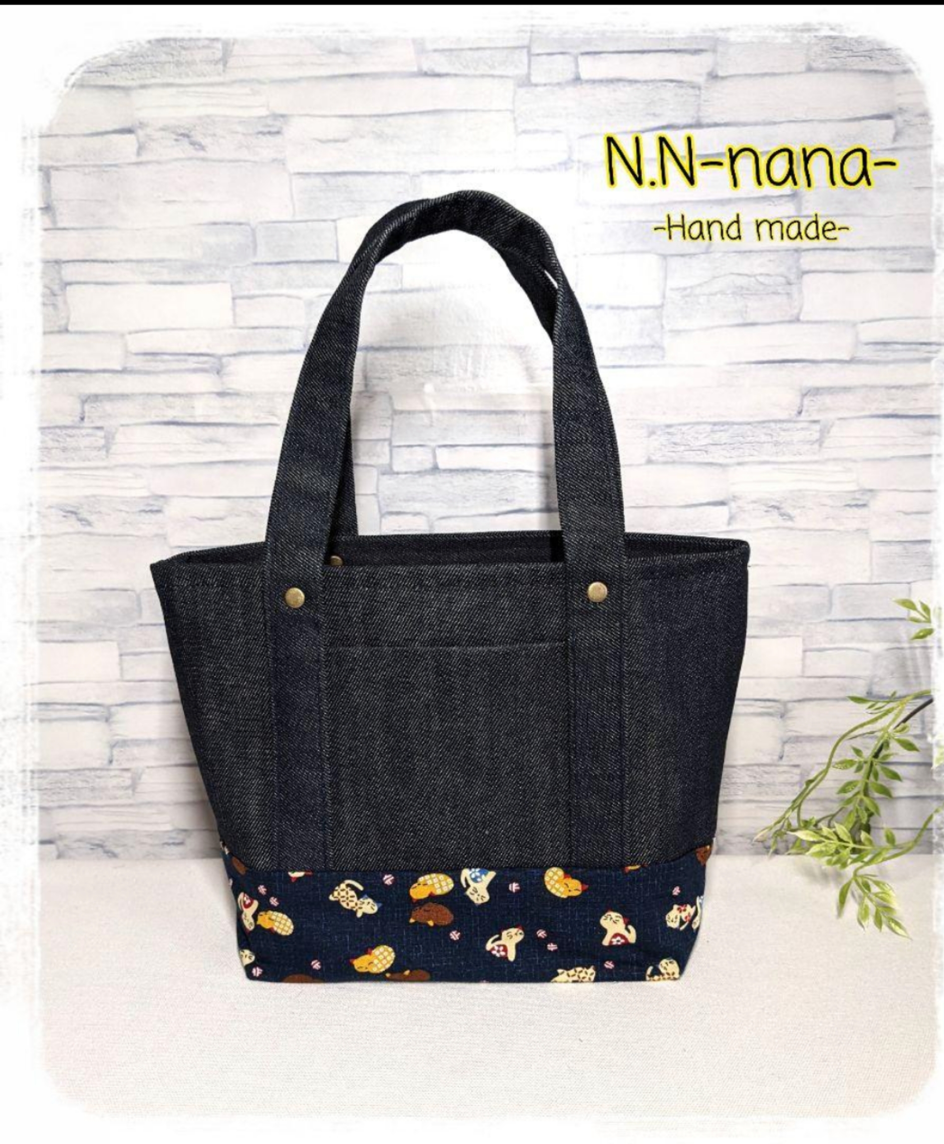 デニムとニャンコ柄のトートバッグ#13 トートバッグ N.N -nana