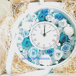 再販3ターコイズブルー ウェディング祝い結婚式にも♡バラとアジサイ花時計 プリザーブドフラワー 1枚目の画像