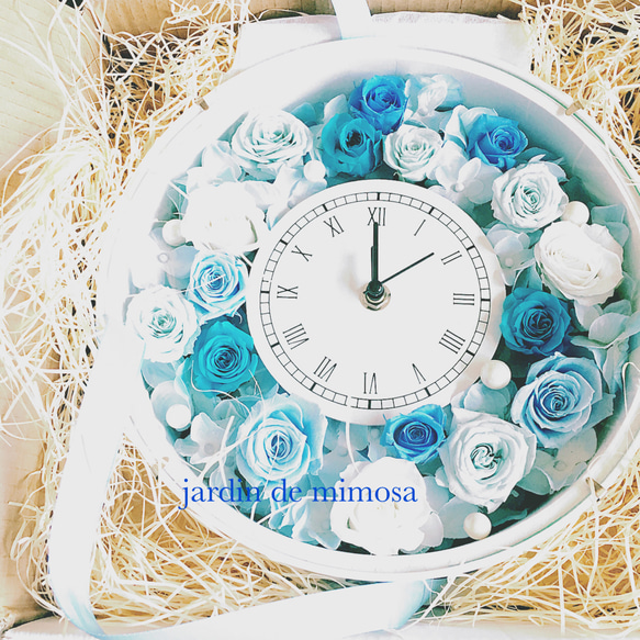 再販3ターコイズブルー ウェディング祝い結婚式にも♡バラとアジサイ花時計 プリザーブドフラワー 1枚目の画像