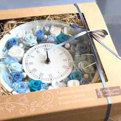 再販3ターコイズブルー ウェディング祝い結婚式にも♡バラとアジサイ花時計 プリザーブドフラワー 3枚目の画像