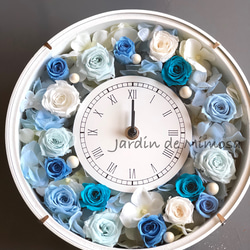 再販3ターコイズブルー ウェディング祝い結婚式にも♡バラとアジサイ花時計 プリザーブドフラワー 6枚目の画像